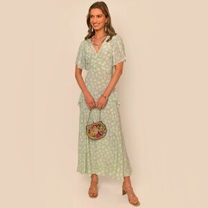 RIXO Evie dress - silk midi in sage with daisy pattern NWT
